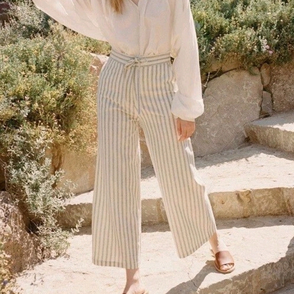 Doen Cream and Light Blue Striped Wide-Leg Linen Trousers